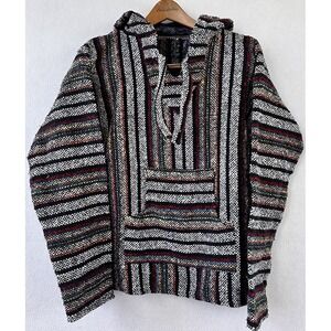 Baja Hippie Hoodie Black Striped BOHO Grunge 90s Beach Mexico Men's M